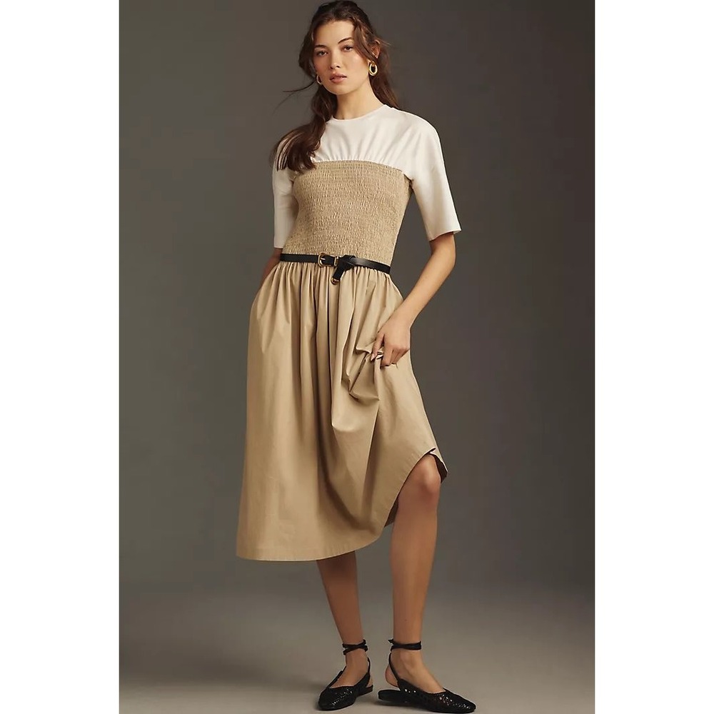 Maeve Anthropologie Lilou Twofer Midi Dress White Tan Smocked Waist XL NWT